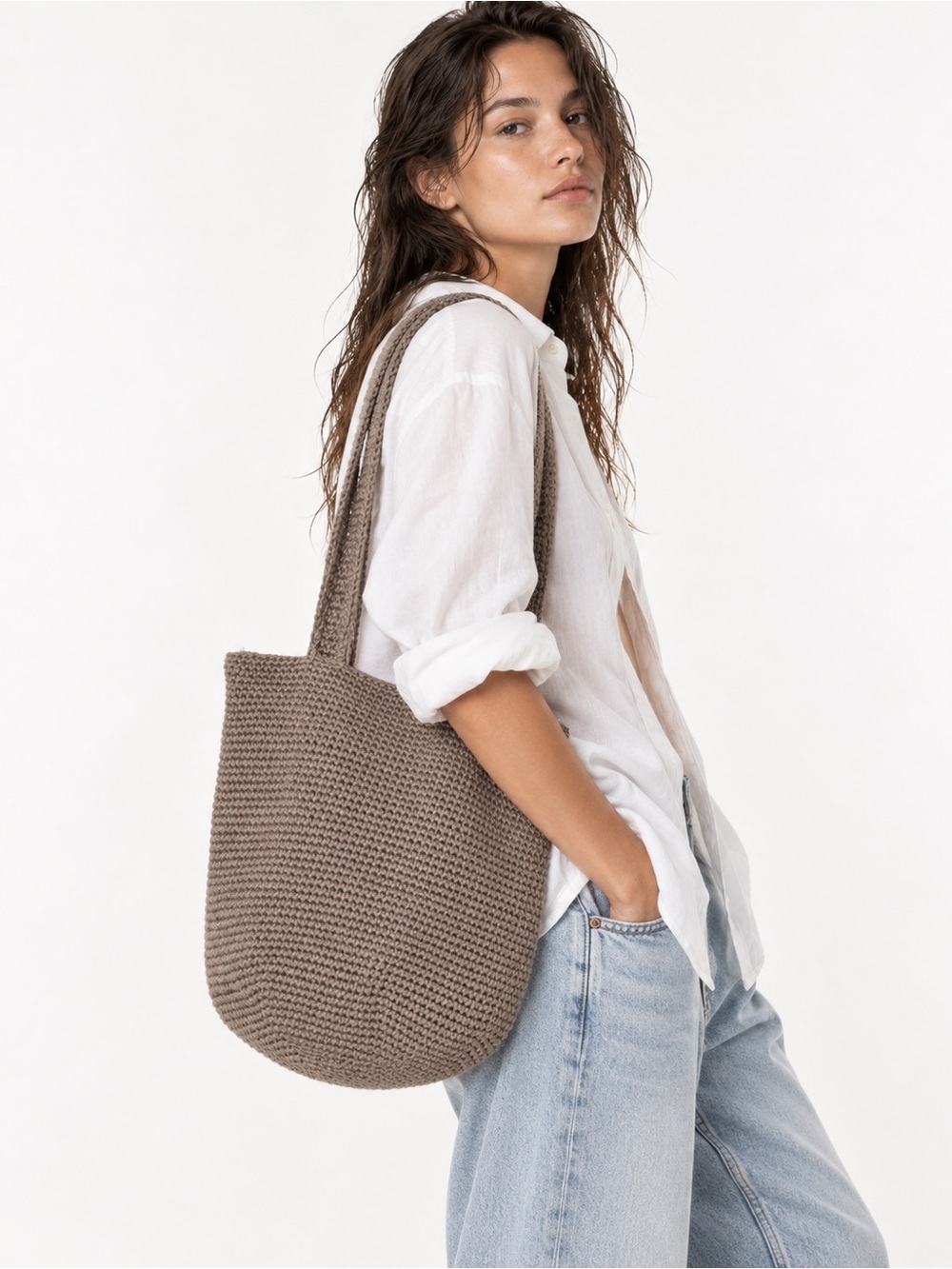 Y2K The Sak Crochet Double Strap Shoulder Bag | Beige Tan